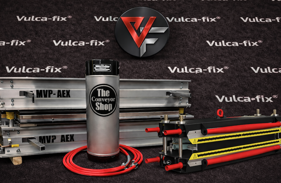 conveyor belt vulcanising presses for sale from the conveyor shop Valca-fix tools and components including a canister, red and yellow hoses, and metal strips.
